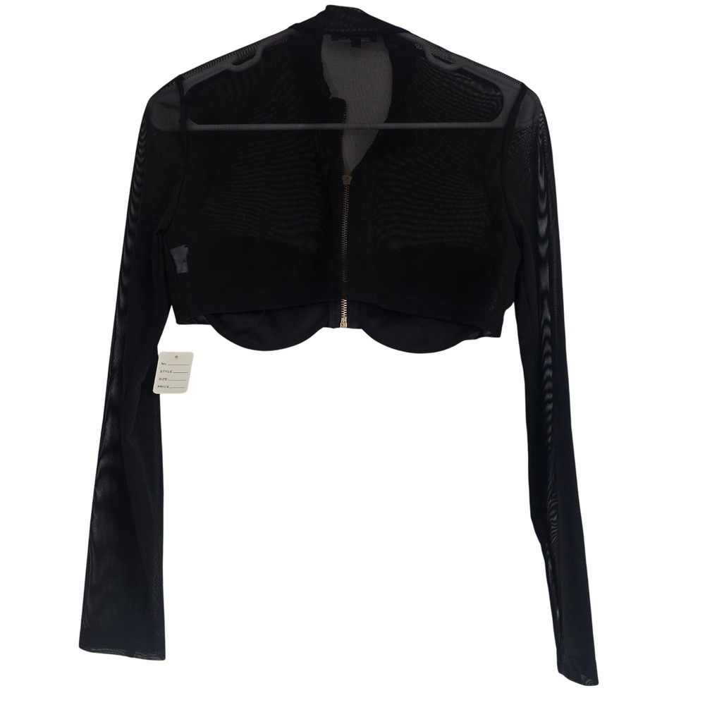 Fashion Nova Black Sheer Mesh Long Sleeve Crop Jacket Zipper Front